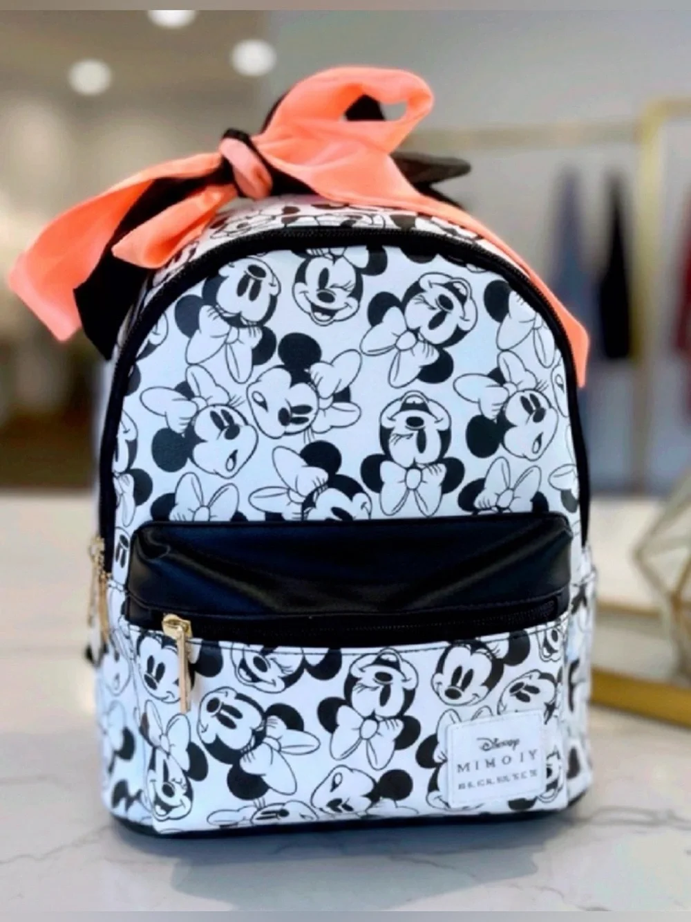 Disney Black & White Minnie Mouse Mini Backpack with Coral Bow